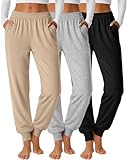 Oakgarden 3 Pack Women's Joggers Pants, Cozy High Waist Sweatpants Tapered Drawstring Yoga Casual Lounge Pants with Pockets(Black, Light Heather Gray, Apricot,Medium)