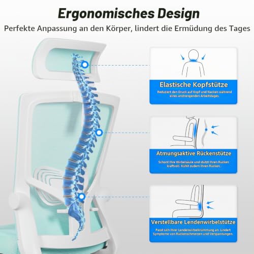 Daccormax Bürostuhl Ergonomisch, Schreibtischstuhl mit Verstellbarer Kopfstütze, Armlehnen, Lendenwirbelstütze, Drehstuhl Wippfunktion… – Ansicht 2