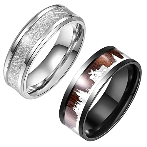 TUNGSTORY Bagues en Acier Inoxydable Argenté 2 Pièces Imitation Météorite Bague de Fiançailles Bois Incrustation Cerf Motif Bague d'Amitié pour Hommes Confort Ajustement Taille 65(20.7) Cover