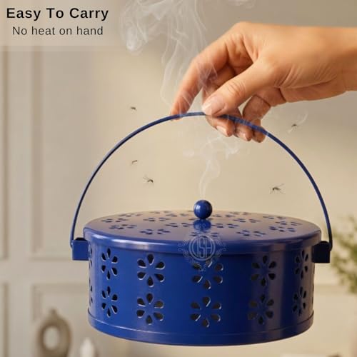 Image of DSH Metal Mosquito Coil Holder with Lid & Handle Ash Catcher Stand for Mosquito Coil Indoor Outdoor Safe Use (Blue)
