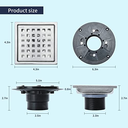 Starensky 4’’ Square Shower Drain Floor Drain Cover Bathtub Hair Catcher Kit 304 Stainless Steel Brushed Nickel #TOP4