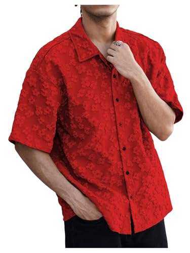 Men's Floral Shirts Jacquard Button Down Shirts Short Sleeve Collared Neck Casual Shirt Tops Loose Blouse Streetwear