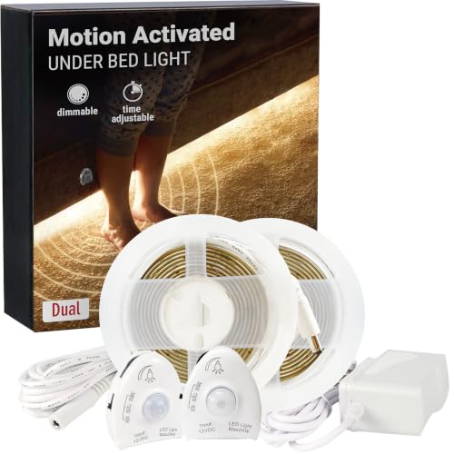 illumiForce Under Bed Lights Motion Sensor Motion Activated Bed Lighting 12V Power Adapter Dimmable LED Strip Night Light for Bedroom Stairs Crib Cabinet Warm White -2 x 5FT -Dual Kit