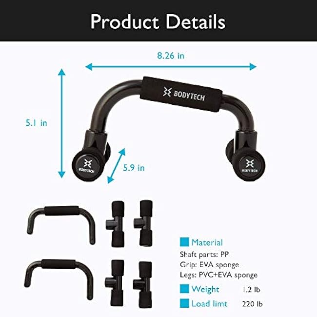 BODYTECH Push up Bars Strength Training with Foam Grip & Non-Slip handling. Load Capacity 220 lbs. Push Up Stands Handle for Floor Workouts