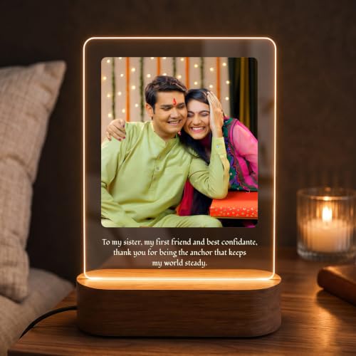 Image of Giftplease Personalised Photo Acrylic Frame with Wooden LED Base - Custom Picture Desk Display for Sister, Unique Raksha Bandhan Gift for Sister from Brother, Birthday, Anniversary & Keepsake Decor