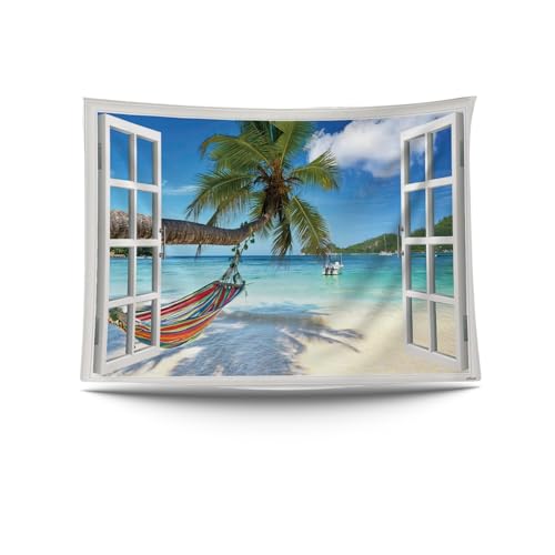 Ulticool Vue sur la plage, mer, palmiers, hamac, tapisserie, 200 x 150 cm, poster de jardin, grande tapisserie, accessoire de décoration pour jardin et salon