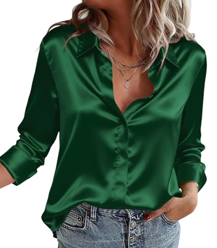 Zeagoo Damen Bluse Satin Seide Hemden V-Ausschnitt Elegant Blusen Langarm...