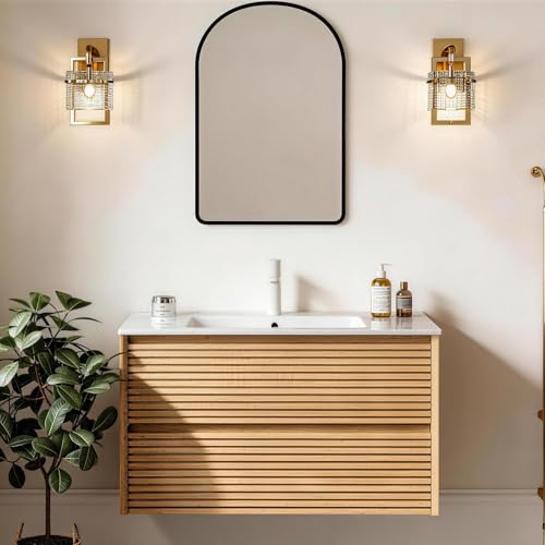 Eleshine 36" Floating Bathroom Vanity Single Sink, Fluted Cabinet, 2 Soft Close Drawers, Integrated Ceramic Basin, Plywood, Pre-Assembled, Light Oak