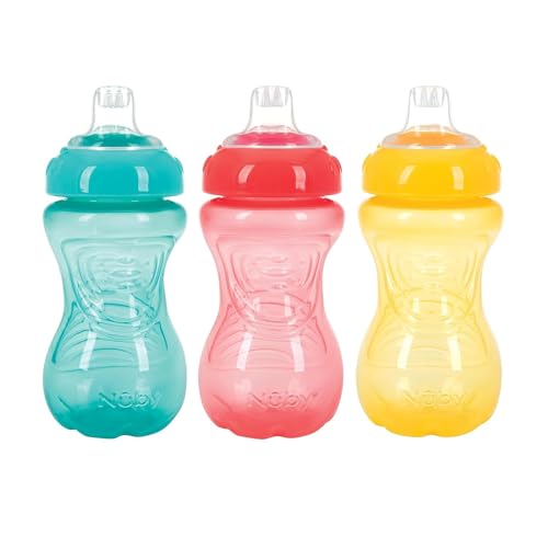 Image of Nuby No-Spill Easy Grip Cup, 10 Ounce 3 Pack (Aqua, Coral, Yellow)