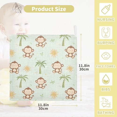 Image of vvfelixl Baby Muslin Washcloths Cute Monkey Coconut Trees Baby Burp Cloths Cotton Babys Face Towel for Newborn Infants Boys Girls Soft and Absorbent 11.8 X 11.8 in, 3 Pack