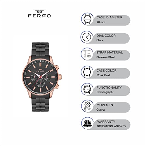 Ferro Chronograph Black Round Dial Men's Watch with Bracelet Strap - Image 4