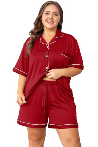 Image of Vozanet Women's Plus Size Button Down Pajamas Soft Lounge Sets Shorts with Pockets Bride Nighty Solid Soft Pjs 1x to 5x