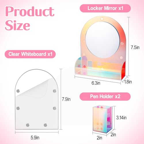 Image of ANPHSIN Iridescent Finish Locker Accessories Set - Includes Acrylic Magnetic Mirror, 2 Pen Holders, Dry Erase Board, Back to School Supplies Locker Decor Organizer for Girls Gifts