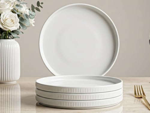 Image of Bodhi House 4-Piece Ribbed Porcelain Dinner Plate Set, White Dinnerware Set, Chip Resistant, Lightweight, Microwave & Dishwasher Safe Tableware Crockery Set for Home, Gift
