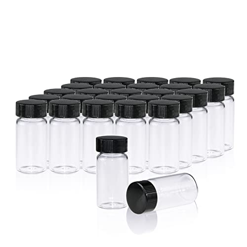 Pekybio 20 Pcs 20 Ml (5 Dram) Clear Small Liquid Sample Glass Vials With Screw Caps, 27.5 Mm Diameter X 57 Mm Length Leak-Proof Vial, 24-400 Black Screw Cap With Pe Liners