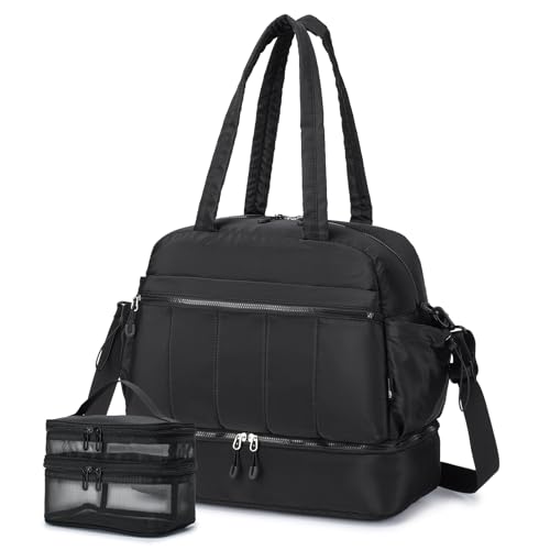 KSIBNW Gym Bag for Women Travel Duffle Bag, Water Resistant Carry on Weekender with Wet Pocket and Shoes Compartment Lightweight Personal Item Travel Bags for Yoga Hospital, with Makeup-bag, Black