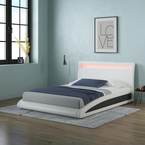 SlumberWorx NEPTUNE LED LIGHTS HEADBOARD GAMING STYLE FAUX LEATHER BED FRAME - Single, Small Double, Double (White, Double)