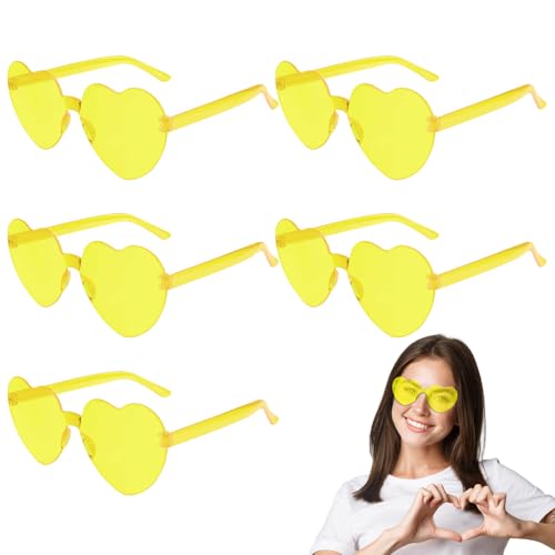PLULON 5 Pairs Heart Sunglasses for Women Yellow Heart Glasses Rimless Shaped Sunglasses Candy Color Fun Glasses for Party Favor (Yellow)