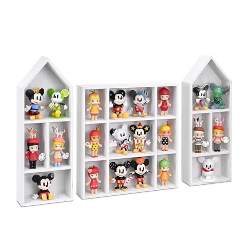 Ikee Design 3 Pcs Set Wooden Shadow Cubby Box Display Shelf Organizer Storage Shadow Box for Collectibles, Mini Figures, 17 compartments, White Color, 22.8W x 2.4D x 15.7H in