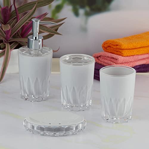 Image of Kookee Acrylic Bathroom Set - Stylish 4 Piece Bath Accessories Kit with Soap Dispenser, Toothbrush Holder, Tumbler & Soap Dish - Modern & Designer Decor for Home & Guest Bathrooms (8339)