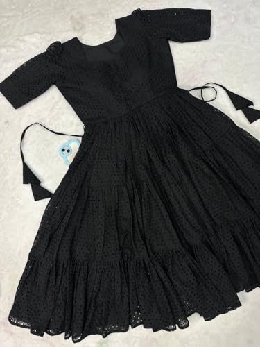 Image of Her Couture Cotton Midi Schiffli Embroidered Dress with Attached Belt