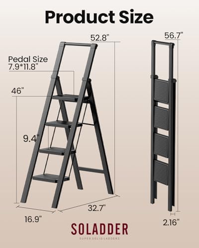 Image of SOLADDER Step Ladder 4 Step Folding Stool with Anti-Slip Widened Sturdy Pedal and Handgrip, Portable and Multi-Use Iron Stepladder for Home, Kictchen, 300 lbs Capacity -Black