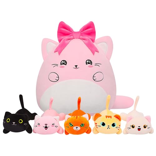 NIUBEHOHO Cat with 5 Babies Stuffed Animals - 15 Inch Cats Mommy with Small Interactive Babies Plush Inside 6-Piece Cute Realistic Cat Plushies for Girls Boys 0-8 Kids Merry Christmas Birthdays Gift