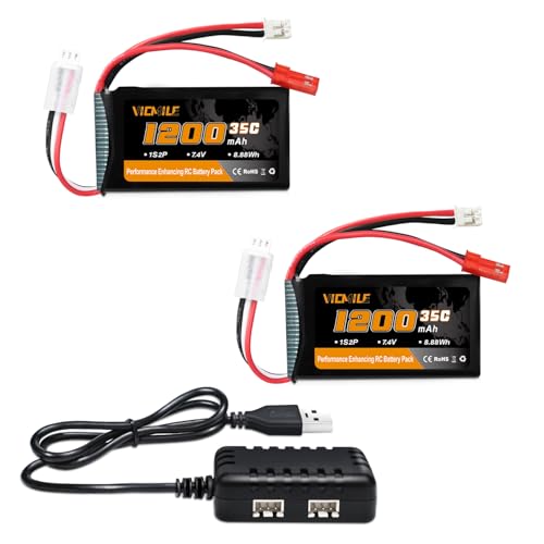 VICMILE SCX24 Battery 7.4V 1200mAh Lipo Battery 2S 35C(Burst 70C) with PH2.0 JST Plug with 1TO2 USB Charger Fit for SCX24 RC Car WLtoys A949 A959 A969...