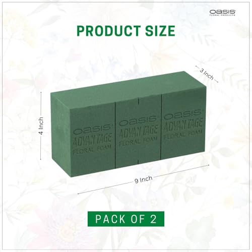 Image of Oasis Pack of 2 Advantage Floral Foam Bricks | Green Florist Foam Blocks for Flower Arrangements in Home Decor, Weddings, Events, Festivals & More | Size 9 x 3 x 4 Inches