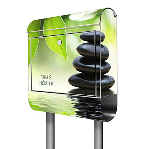 banjado® Briefkasten mit Standfuß personalisiert Motiv Steine&Relax - Stand Briefkasten Edelstahl mit Zeitungsfach - Postbox/Postkasten A4 Einwurf inkl. Montagematerial & 2 Schlüssel