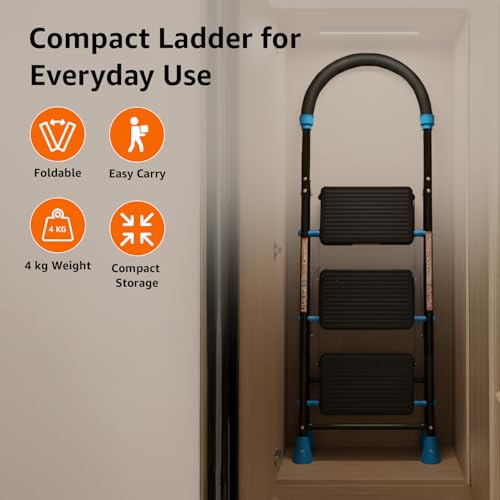 Image of Amazon Basics Curvo-Foldable Step Ladder, Ribbed Steps, Knee Guard, Non-Marring PVC Shoes, 3 Steps (Black & Blue)