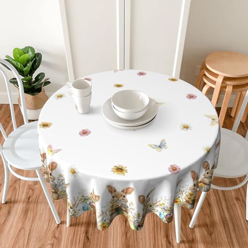 Image of Easter Round Tablecloth 60 x 60 Inch Flowers Rabbit Eggs Table Cover Waterproof Wipeable for Kitchen Restaurant Home Parties Holiday Decor