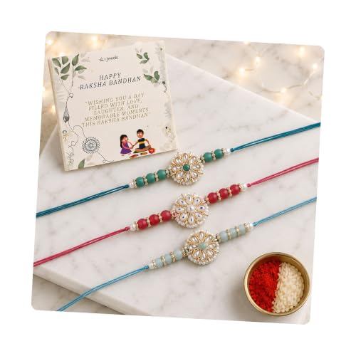 Image of I Jewels Mens Kundan & Pearl Combo Rakhi With Roli Chawal & Rakshabandhan Card For Brother /Bro /Bhai Set Of 3 Rakhi