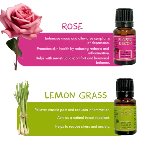 Image of Floryn Decor Pure Essential Oil | Aroma Oils for Home Fragrance | Essential Oil Diffuser for Home (Lavender, Rose, Jasmine, LemonGrass, Sandalwood, 10 ml (Pack of 5))