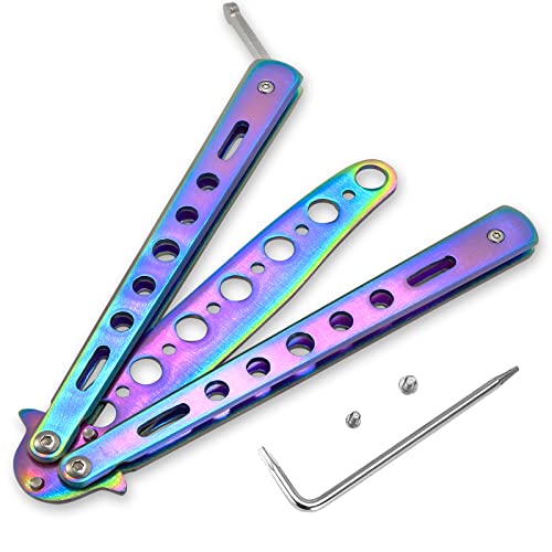 MORDEN MS Practice Balisong Trainer, Unsharpened Folding Finger Strength Stick Sport Tactical Training Tool with Tail Latch, Safety for Beginner CSGO- Rainbow
