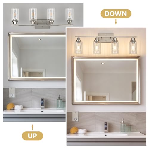 Image of Jonsi Brushed Nickel Bathroom Light Fixtures, 4-Light Brushed Nickel Vanity Light, Bathroom Vanity Light with Stripe Glass Shade, E26 Wall Sconces Over Mirror for Bathroom, Living Room, Hallway
