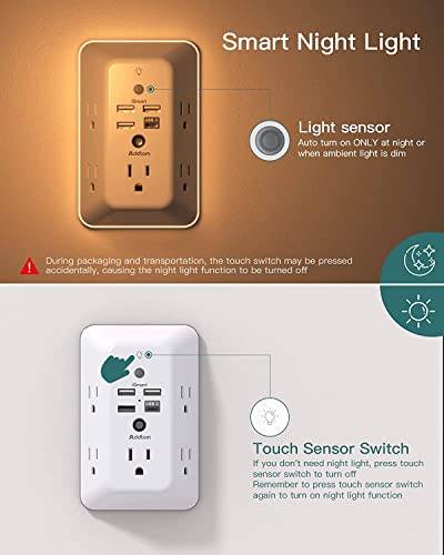 Surge Protector, Outlet Extender with Night Light, Addtam 5-Outlet Splitter and 4 USB Ports(1 USB C), USB Wall Charger Power Bar, Multi Plug Outlet for Home, Office, School