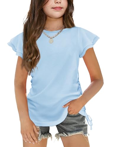 Image of Arshiner Girls T Shirts Ruffle Short Sleeve Ruched Knot Side Tunic Blouse Summer Tee Tops