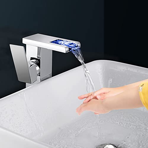 Grifo cascada LED de latón para eliminar salpicaduras en lavabos pequeños 4