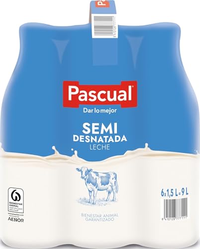 Leche Pascual - Leche Semidesnatada - Bienestar Animal - Pack 6 x 1,5L - Ideal para niños y adultos, Producto Natural y Saludable