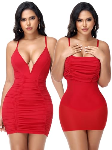SHAPERIN Shapewear Dress Sexy Deep V Neck Ruched Bodycon Cocktail Party Mini Dresses for Women Going Out Red M