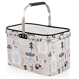Bear Floral Elements Hedgehog Folding Picnic Basket, Extra Large Market Basket Grocery Laundry Baske