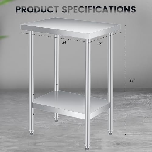 Image of Stainless Steel Table, 24 inch x 12 inch Heavy Duty Worktable with Adjustable Undershelf, 2 Tier Metal Prep Table for Commercial Kitchen, Restaurant, Garages