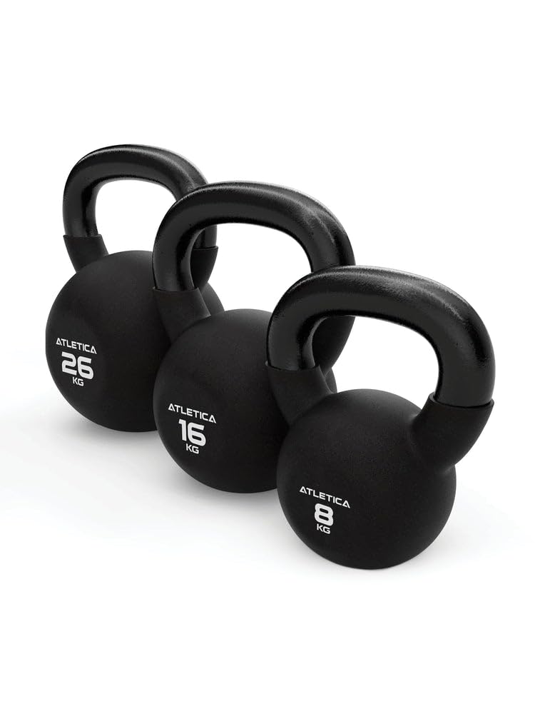 Atletica Kettlebells 3-częściowy zestaw, 8 kg, 16 kg, 26 kg, 3 najpopularniejsze odważniki kettlebells w jednym zestawie, wysokiej jakości wygląd i uczucie w dotyku, certyfikat TÜV pod kątem zawartości substancji szkodliwych