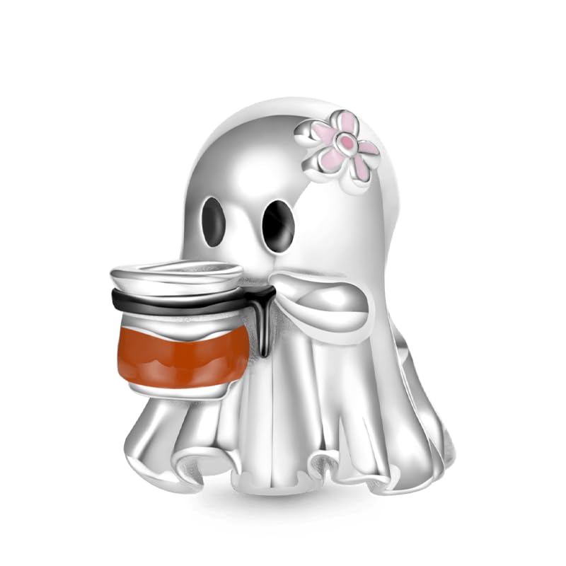 GNOCE Halloween Ghost Drinking Coffee Charm Sterling Silver Bead Halloween Charm Fit Bracelet/Necklace for Women Wife/Jewelry Gift
