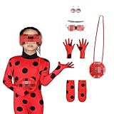 Ficlwigkis Marienkäfer Kostüm Rot Jumpsuit Mädchen,6 Pcs Rot Einteilige Jumpsuit Karneval Kostüm mit Augenmaske Kopfbedeckung Sachet für Karneval Halloween Kostüm (125cm-135cm)