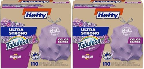 Hefty Ultra Strong 13 Gallon Trash Bags, Tall Kitchen Trash Bags 13 Gallon Size, Resist Leaks, Punctures, and Rips, Continuous Odor Control, Purple, Fabuloso Scent,(Pack of 220)