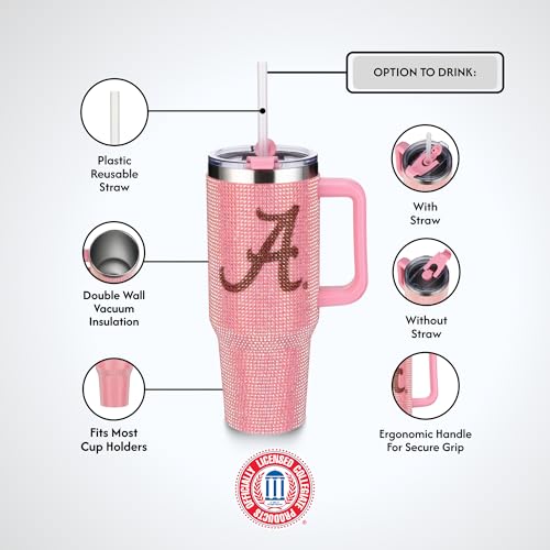Image of The Memory Company NCAA Pink Bling 40oz Stainless Steel Water Tumbler, Double Wall Vacuum Insulated Game Day Bottle, Rhinestone Design with Handle Lid and Straw