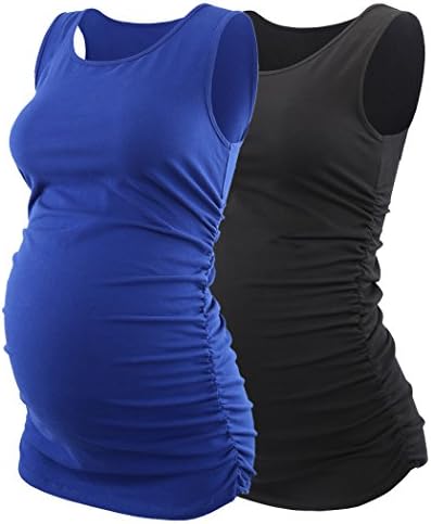 ZUMIY Pregnant Maternity Top, Nursing Breastfeeding Top, Women's Cotton Round Neck Ruched Waist Maternity Cami Shirt Black blue/2-pk Small