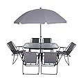 JOYTIO Folding Patio Dining Set, Garden Patio Furniture Set, 8-Piece Outdoor Dining Set with Tilted Removable Umbrella, 6 Folding Chairs, and 1 Rectangular Tempered Glass Table – Grey
